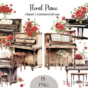 Floral Piano Clipart Rosas Rojas Png Clipart Paquete Imprimible Acuarela clipart Música Instrumento Gráfico Digital Descargar Papel artesanal