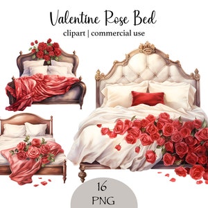 Watercolor Valentines Day Bed Clipart Rose Pedals Romantic Red Bedroom Interior png Design Room Clipart Romantic Valentine Graphic png