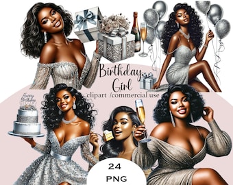 Black Girl Birthday Clipart Bundle, Celebration PNG Images (Digital Download)