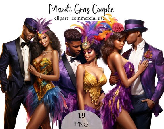 Mardi Gras Clipart Black Couple Png Clipart Fleur De Lis Clipart Festival Outfit Beads Necklace New Orleans Carnaval Graphic Commercial Use Etsy