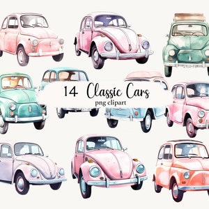 Watercolor Classic Car PNG Bundle – 14 Pastel Vintage Beetle & Fiat Clipart, Nursery Boy Sublimation Design, Commercial Digital Download