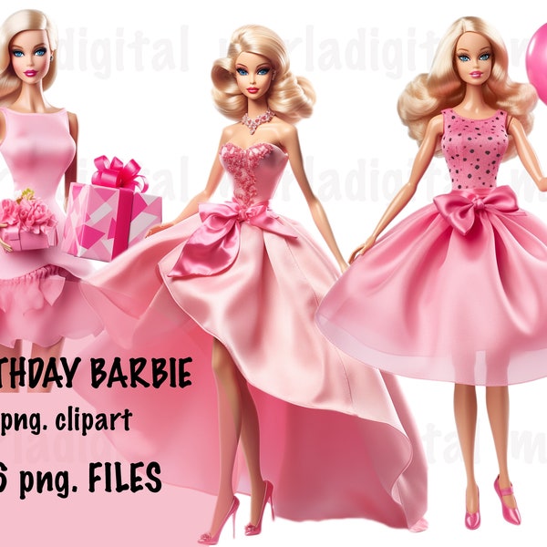 Pink Barbie Birthday Clipart, Doll Clipart Bundle, Girl Real Doll png, Kids Birthday Clipart Pack, Transparent Background, Commercial Use