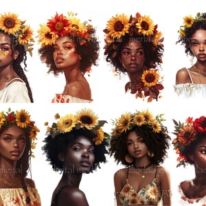 May include: A collection of eight digital illustrations of women wearing sunflower crowns. The women have various hairstyles and are dressed in different styles of tops. The illustrations are in a watercolor style with a soft, warm color palette.