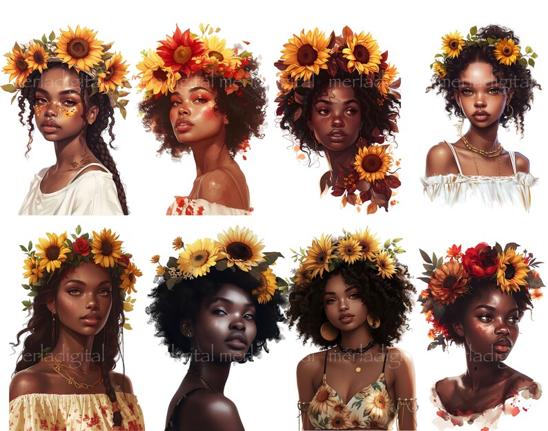 May include: A collection of eight digital illustrations of women wearing sunflower crowns. The women have various hairstyles and are dressed in different styles of tops. The illustrations are in a watercolor style with a soft, warm color palette.