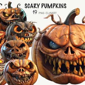 Imágenes prediseñadas de calabazas terroríficas: 19 PNG de calabazas de Halloween en acuarela (descarga digital)