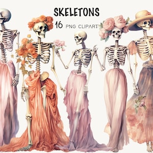 Watercolor Skeleton Clipart Vintage Skeleton in Dress PNG Halloween Commercial Use Clipart Skull Junk Journal Halloween Vintage Scrapbooking