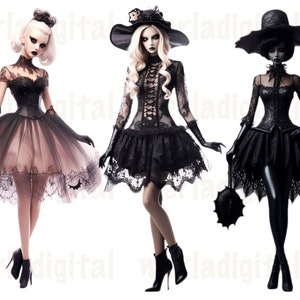 May include: Three dolls dressed in black lace dresses and hats. The doll on the left is wearing a pink tulle skirt. The doll in the middle is wearing a black witch hat. The doll on the right is wearing a black hat with a veil.