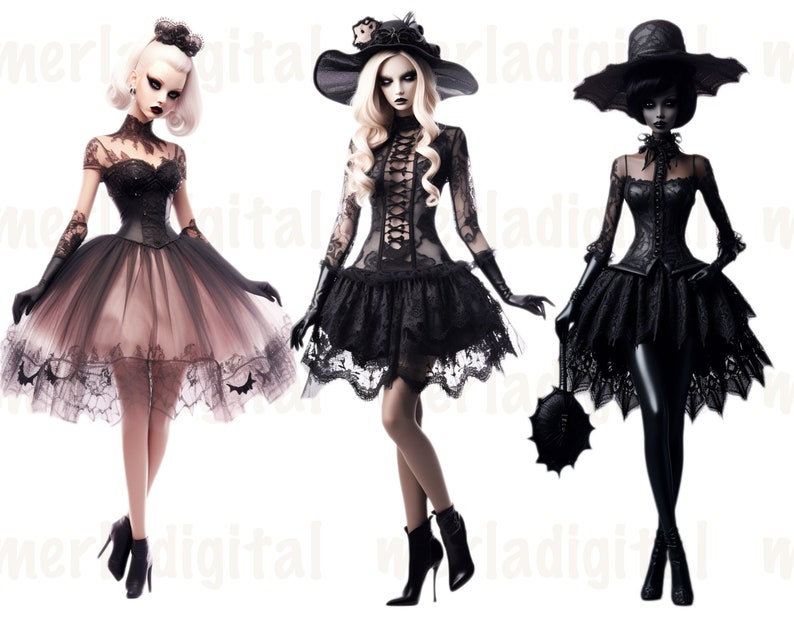 May include: Three dolls dressed in black lace dresses and hats. The doll on the left is wearing a pink tulle skirt. The doll in the middle is wearing a black witch hat. The doll on the right is wearing a black hat with a veil.
