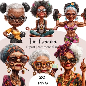 Paquete PNG de abuela atrevida, 20 divertidas imágenes prediseñadas de abuela negra, yoga, poses de mamá con vino, diseño de sublimación para el Día de la Madre, descarga digital comercial