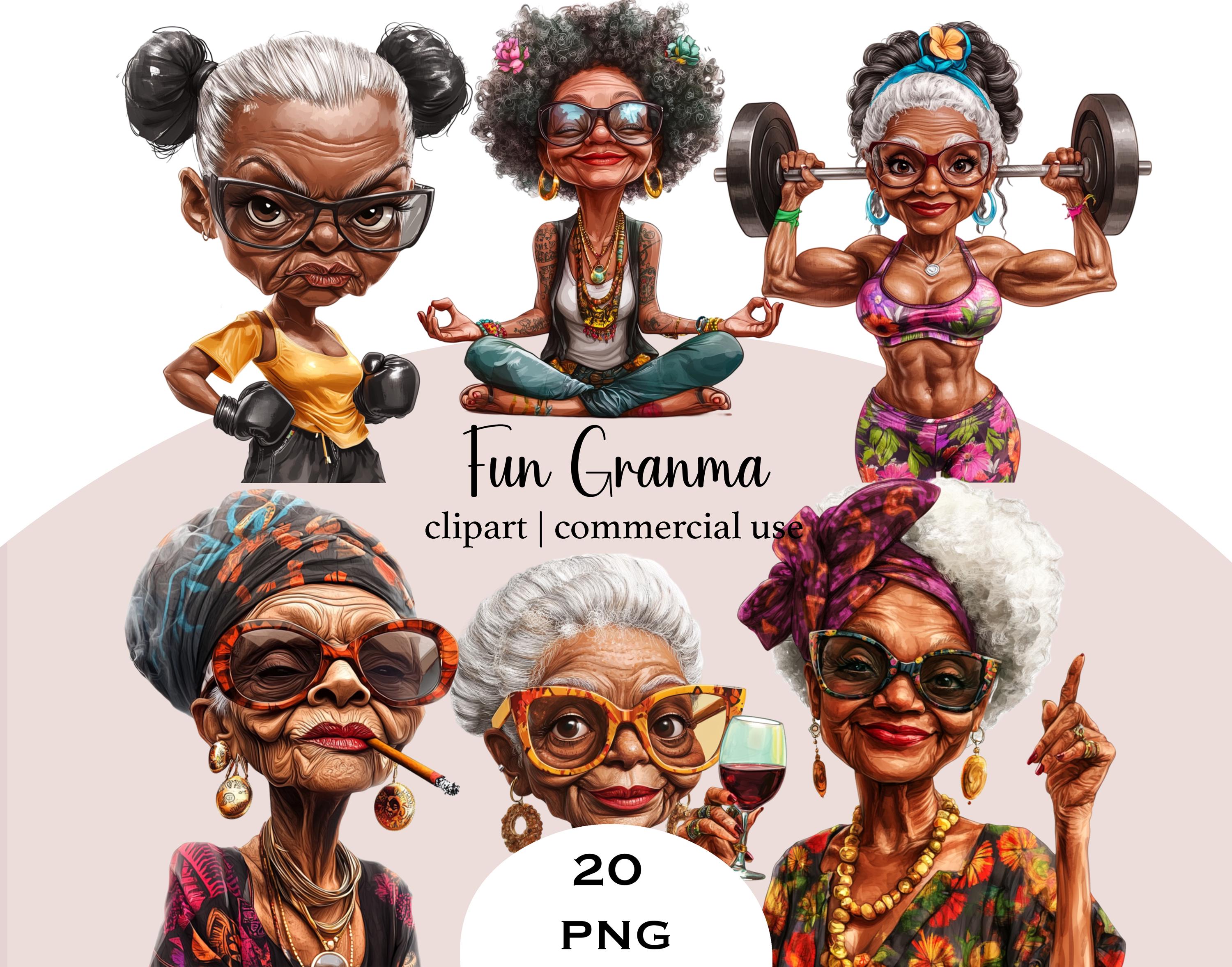 Funny Black Grandma Clipart, Caricature PNG Bundle (digital