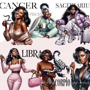 Puede incluir: Ilustraci&oacute;n digital de cuatro mujeres que representan diferentes signos del zod&iacute;aco: C&aacute;ncer, Sagitario, Libra y Escorpio. Cada mujer se representa en un estilo y una pose &uacute;nicos, con su s&iacute;mbolo zodiacal incorporado en el dise&ntilde;o.