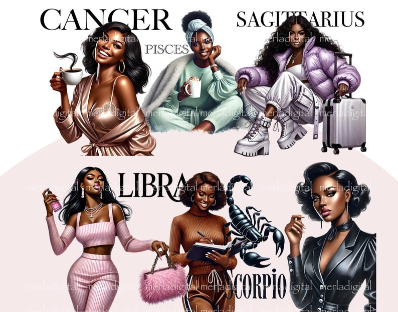 Puede incluir: Ilustraci&oacute;n digital de cuatro mujeres que representan diferentes signos del zod&iacute;aco: C&aacute;ncer, Sagitario, Libra y Escorpio. Cada mujer se representa en un estilo y una pose &uacute;nicos, con su s&iacute;mbolo zodiacal incorporado en el dise&ntilde;o.