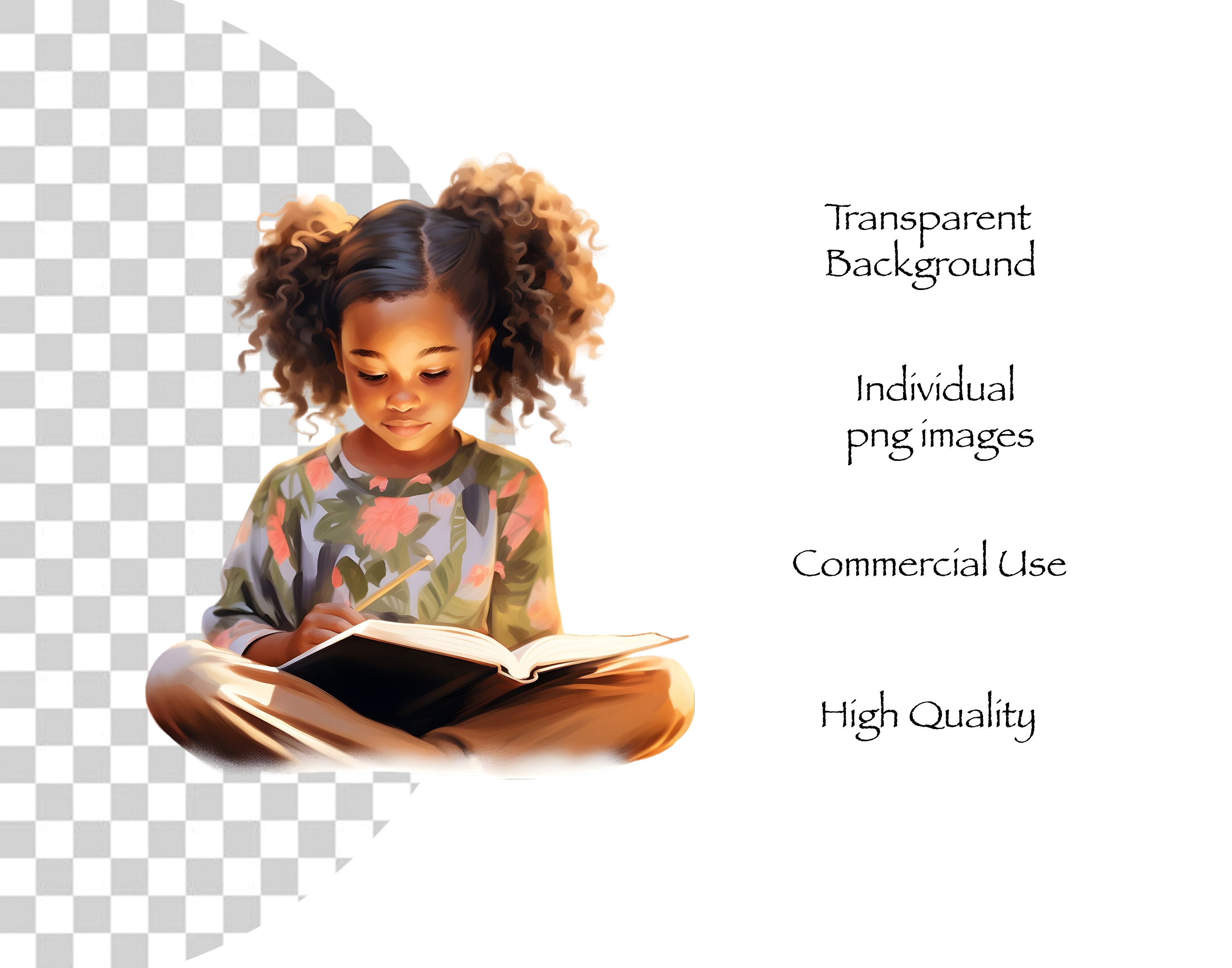 Black Girl Reading Watercolor Clipart Bundle Little Black Girl PNG Junk ...