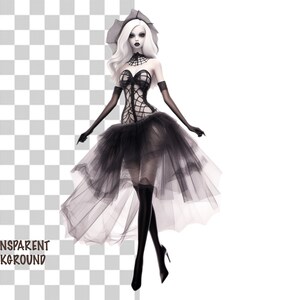 May include: A white-skinned doll wearing a black lace corset and a black tulle skirt. The doll has long white hair and is wearing a black hat. The doll is standing on a white background.