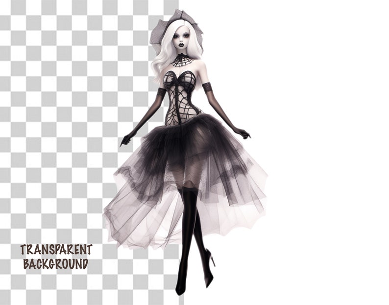 May include: A white-skinned doll wearing a black lace corset and a black tulle skirt. The doll has long white hair and is wearing a black hat. The doll is standing on a white background.