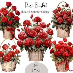Red Rose Basket Clipart Valentine Acuarela Red Rose Clipart Bundle Flower Basket Card Making PNG Vintage Roses Descarga digital