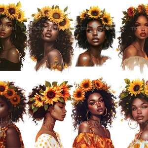 May include: Digital art featuring eight portraits of women with dark skin, each adorned with a vibrant sunflower crown. The women have various hairstyles and are wearing different outfits, with a focus on warm colors.
