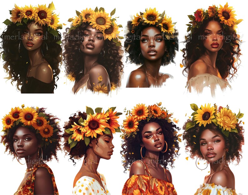 May include: Digital art featuring eight portraits of women with dark skin, each adorned with a vibrant sunflower crown. The women have various hairstyles and are wearing different outfits, with a focus on warm colors.