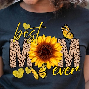 Meilleure maman jamais PNG, Clipart tournesol imprimé léopard avec papillons monarques, conception de T-Shirt sublimation d'été, téléchargement numérique commercial
