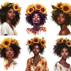 May include: Six watercolor portraits of women with dark curly hair, each adorned with a vibrant sunflower crown. The women have warm skin tones and are wearing various outfits, including a white top and a sunflower-patterned shirt.
