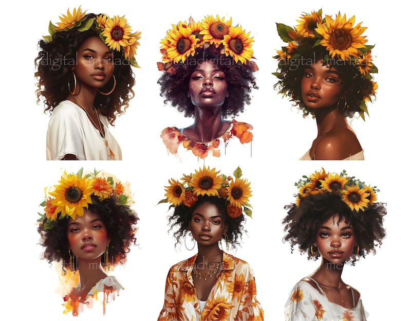 May include: Six watercolor portraits of women with dark curly hair, each adorned with a vibrant sunflower crown. The women have warm skin tones and are wearing various outfits, including a white top and a sunflower-patterned shirt.