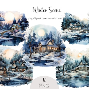 Watercolor Winter Background Winter Landscape Printable Graphics Png Winter Scene Clipart Winter Scenery Graphic Printable Winter Night Art