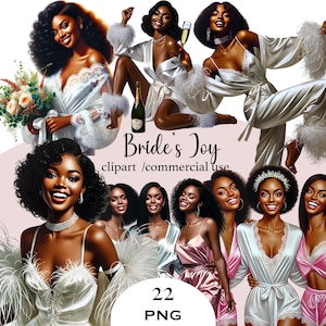 Paquete de imágenes prediseñadas de novia negra en acuarela Novia y damas de honor en formato PNG Novia Clipart Invitación a despedida de soltera Mujer afroamericana Boda