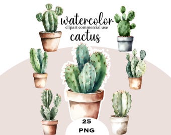 Watercolor Cactus Clipart PNG Bundle, Desert Botanical Art (Digital Download)