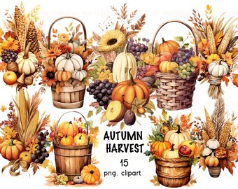 Aquarel herfstoogst clipart, pompoen, groenten (digitale download)