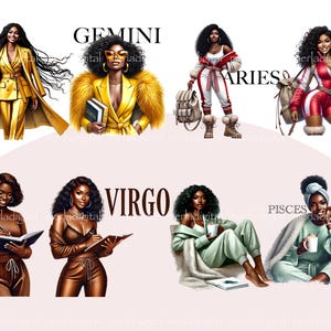 Puede incluir: Ilustraci&oacute;n digital de 10 signos del zod&iacute;aco, cada uno con una mujer con una personalidad y un estilo diferentes. Los signos son G&eacute;minis, Aries, Virgo, Piscis, C&aacute;ncer, Libra, Escorpio, Sagitario, Capricornio y Acuario.