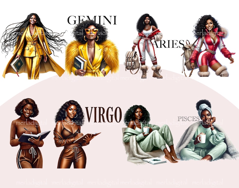 Puede incluir: Ilustraci&oacute;n digital de 10 signos del zod&iacute;aco, cada uno con una mujer con una personalidad y un estilo diferentes. Los signos son G&eacute;minis, Aries, Virgo, Piscis, C&aacute;ncer, Libra, Escorpio, Sagitario, Capricornio y Acuario.