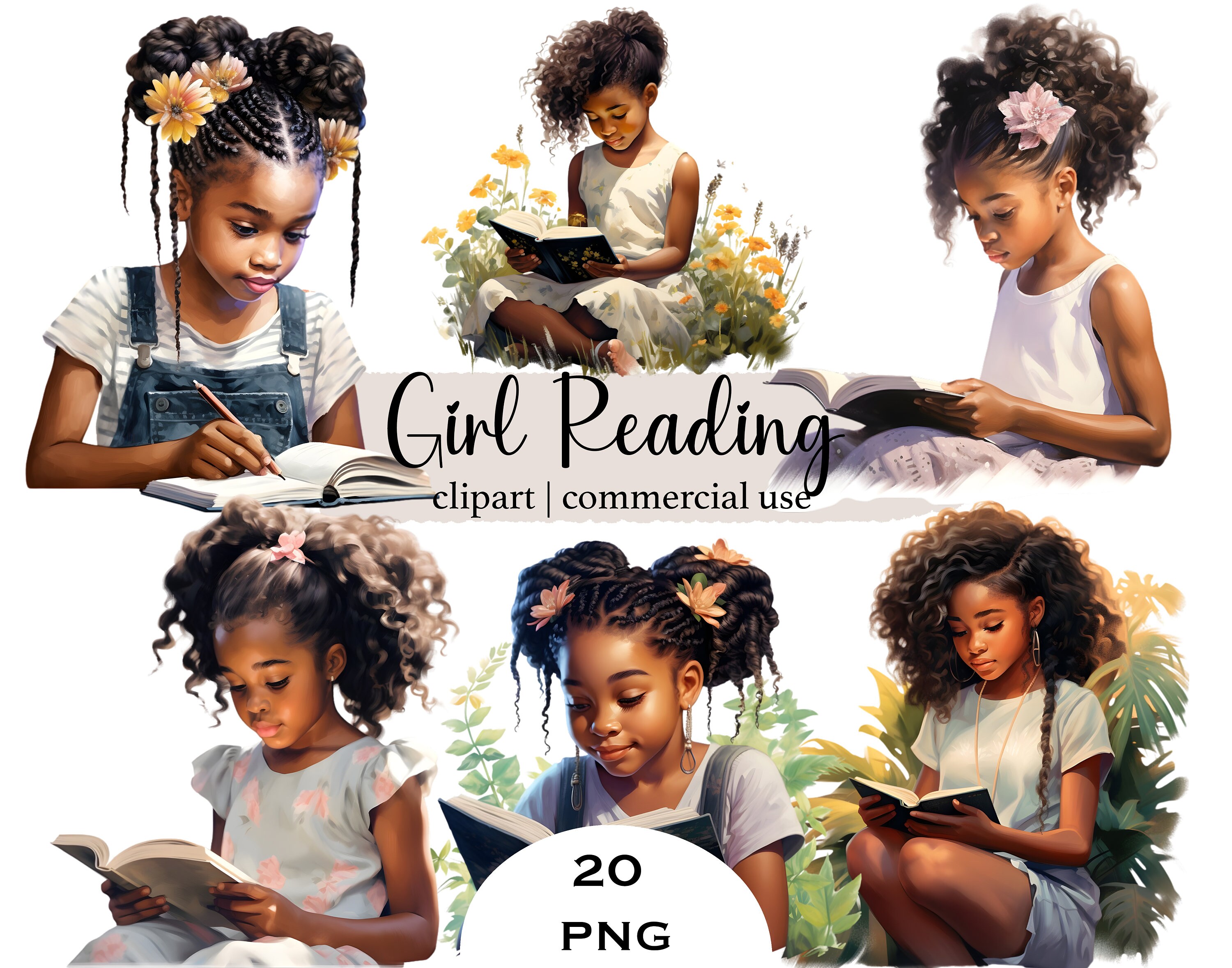 Black Girl Reading Watercolor Clipart Bundle Little Black Girl PNG Junk ...