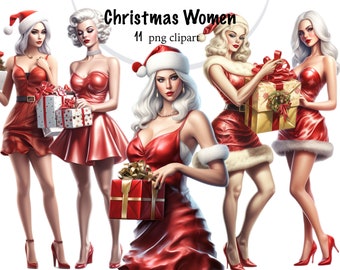 Christmas Woman Clipart Bundle, Red Fashion PNG (Digital Download)