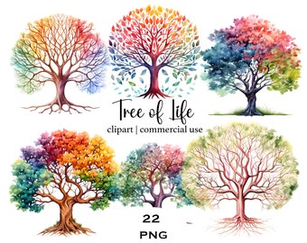 May include: A set of 22 watercolor illustrations of colorful trees. Each tree has a different color palette, with shades of red, orange, yellow, green, blue, and purple. The trees are all in a similar style, with a thick trunk and branches that spread out.