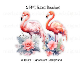 Watercolor Flamingo PNG Bundle, Tropical Summer Bird Clipart (Digital Download)