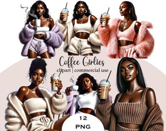 Aquarell Kaffee Clipart: Schwarze Frau PNG, Planer Thema (Digitaler Download)