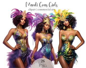 Mardi Gras Girls Clipart: PNG Bundle, Masquerade Art (Digital Download)
