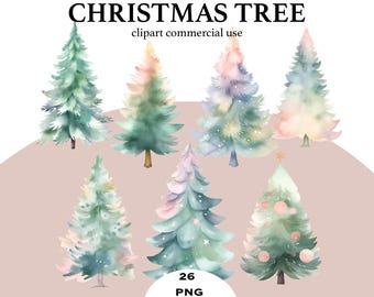 Watercolor Christmas Tree Clipart | 26 PNG Images, Commercial Use