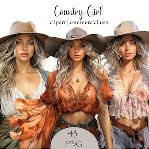 Pacote de PNG de Cowgirl, 43 clipart de garotas country modernas com chapéus e tops boho, design de sublimação de rodeio ocidental, download digital comercial
