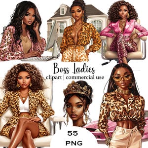 Boss Ladies PNG Clipart Bundle, 55 Afro Glam Frauen in Leopard Pink, Unternehmerin Girl Power Sublimationsdesign, kommerzieller digitaler Download