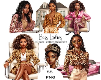 May include: Digital illustration of five women wearing leopard print clothing. The women are depicted in various poses, some sitting in chairs, others standing. The image includes the text "Boss Ladies clipart | commercial use" and "55 PNG".