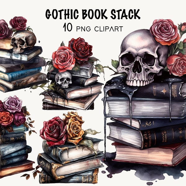 Book Stack Gothic Valentine Clipart Skull and Roses png High Quality Gothic Clipart Horror Graphic Card Making Book Clipart Instant Download