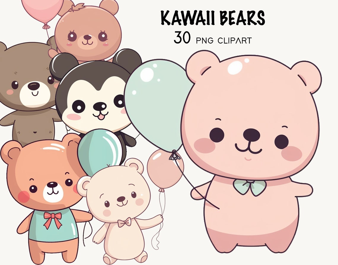 Kawaii Teddy Bear Clipart Balloons Baby Shower Clipart - Etsy