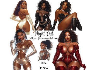 Black Women Clipart Bundle, Night Out Fashion PNG Images (35 Files)