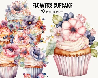 Flower Cupcakes Clipart, Watercolor Dessert PNG, Commercial Use (Digital Download)
