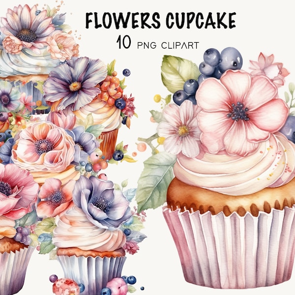 Flower Cupcakes Clipart png Digital Planner Baked Goods Watercolor Cute Dessert Clipart Commercial Use png,  Digital Download, Cupcake