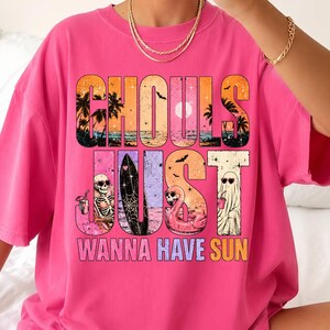 Summerween PNG featuring beach ghosts, skeleton, flamingo float, surfboard, tropical sunset, palm trees and pastel Halloween aesthetic on transparent background.