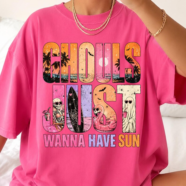 Summerween PNG featuring beach ghosts, skeleton, flamingo float, surfboard, tropical sunset, palm trees and pastel Halloween aesthetic on transparent background.