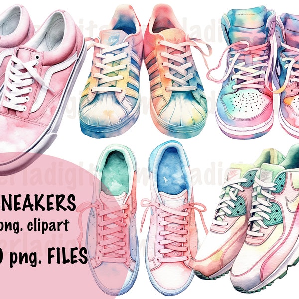 Aquarell Sneakers Clipart, bunte Sneakers, eingebrannte Schuhe Illustration, süße Mode PNG, svg, Mode Clipart, Aquarell png, Digital