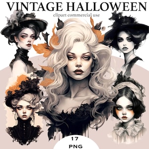 Vintage Halloween Witch PNG Bundle 17 Gothic Victorian Lady Clipart, Dark Academia Spooky Portraits for Sublimation & Stickers
